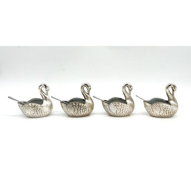 Christofle Set of Four Silver -Plated Swan Salt Cellars With Glass Inserts and Spoons — Vintage Tableware, Hollywood Regency Style For Sale - Image 4 of 12
