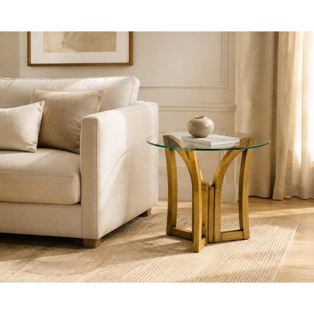 Postmodern Vintage Postmodern Sculptural Sunlit Brass Tripod Side Table With Glass Top For Sale - Image 3 of 3