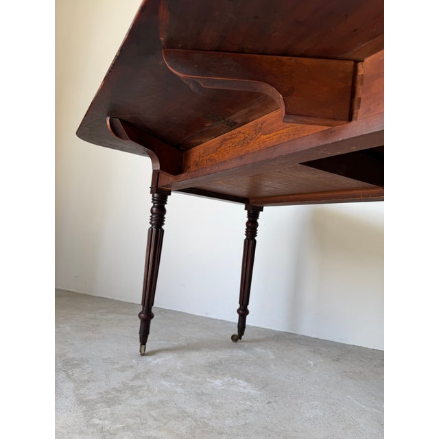 Wood Antique English Regency Solid Mahogany Pembroke Drop-Leaf Table With Drawer & Original Casters For Sale - Image 7 of 12
