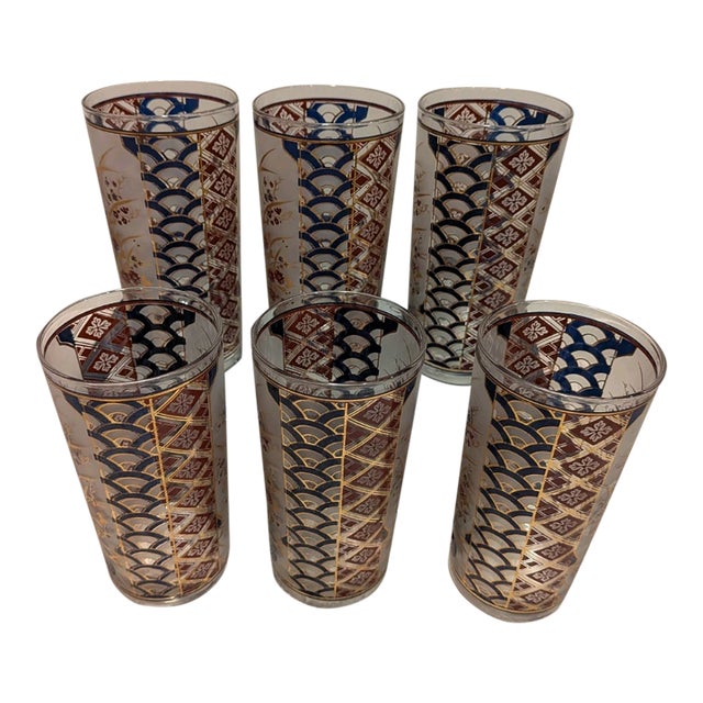 1960s Culver Imari Style High Ball Blue and Gold Glasses Signed - Set of Six For Sale