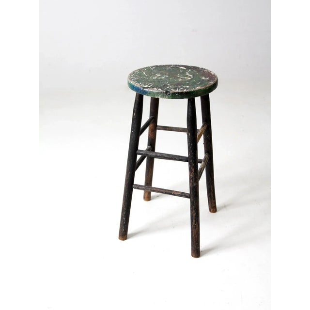 Farmhouse Vintage Painted Wood Stool For Sale - Image 3 of 12