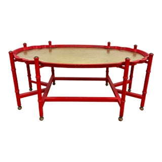 Vintage Brass Tray Top Vibrant Red Faux Bamboo Coffee Table For Sale