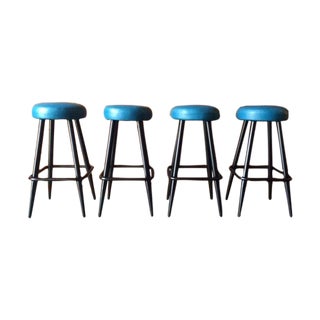 Vintage Blue Vinyl Barstools - Set of 4 For Sale