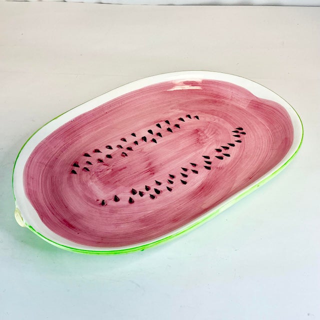 1980s Vintage Americana Boho Chic Arts & Crafts Hand-Painted Ceramic Watermelon Platter. For Sale - Image 6 of 12