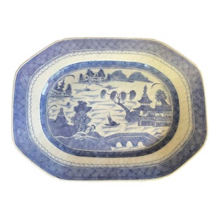 19th C. Antique Chinese Export Porcelain Blue and White Canton Serving Platter For Sale