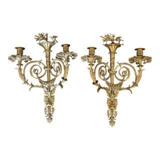 Vintage Pair Decorative Crafts Inc. Neoclassical Brass Two Arm Candle Sconces. Rare For Sale