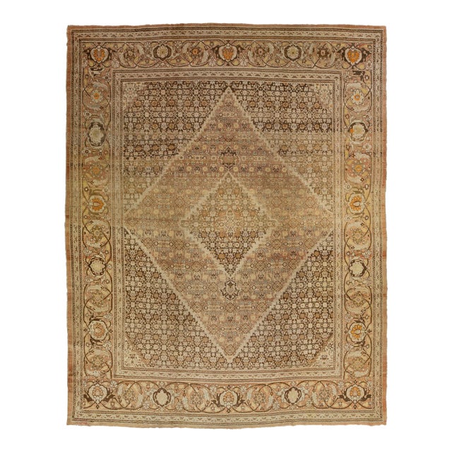 Room Size Antique Persian Tabriz Designed Wool Rug in Brown From the 1900s For Sale
