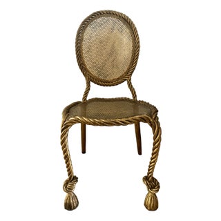 1950s Hollywood Regency Gilt Iron Side Chair With Rope & Tassel Design For Sale