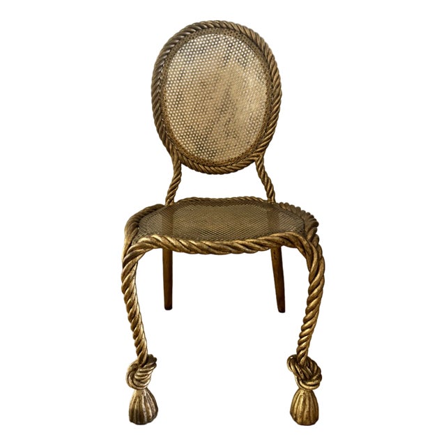 1950s Hollywood Regency Gilt Iron Side Chair With Rope & Tassel Design For Sale