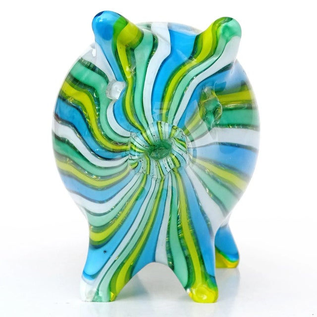Murano Vintage Murano Fratelli Toso Blue Green White Yellow Stripes Gold Flecks Italian Art Glass Pig Figurine Sculpture For Sale - Image 4 of 10