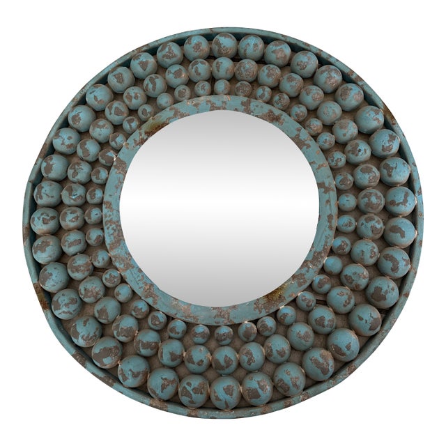Vintage Turquoise Sphere-Studded Sunburst Mirror For Sale