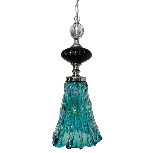 Late 20th Century Art Glass Aqua Black Pendant Light For Sale - Image 5 of 18