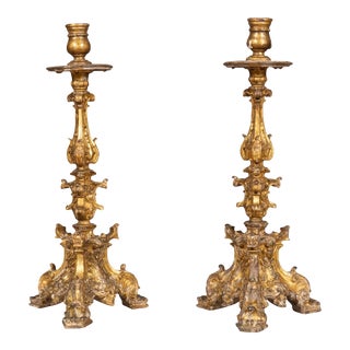 Italian Baroque Giltwood Candlesticks - a Pair For Sale