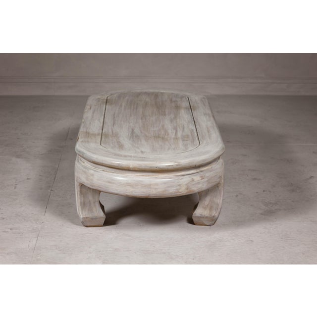 Teak Wood Vintage Whitewash Low Coffee table with Oval Top and Carved Legs For Sale - Image 4 of 12
