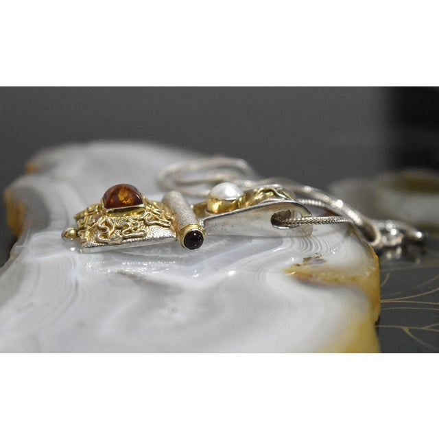Late 20th Century Artisan Sterling Silver Amber Pearl Pendant Necklace For Sale - Image 10 of 14
