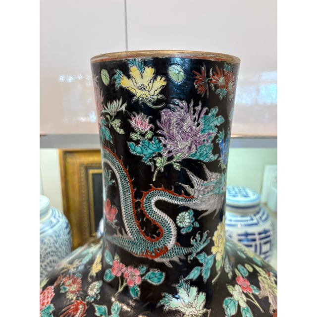 Late 20th Century Momumental Vintage Chinese Black Ground Dragon & Floral Porcelain Floor Vase With Gilt Rim For Sale - Image 5 of 18