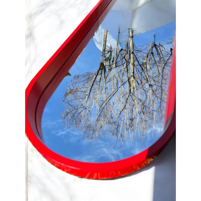 Large Mid-Century Modern Oval Wall Mirror with Red Lacquered Wood Frame, 1960s For Sale - Image 6 of 7