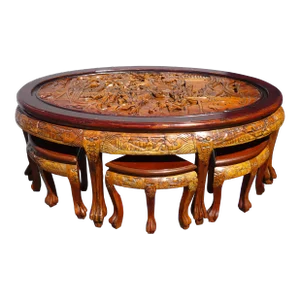 1970s Vintage Chinese Carved Coffee Table with Four Stools - Set of 5