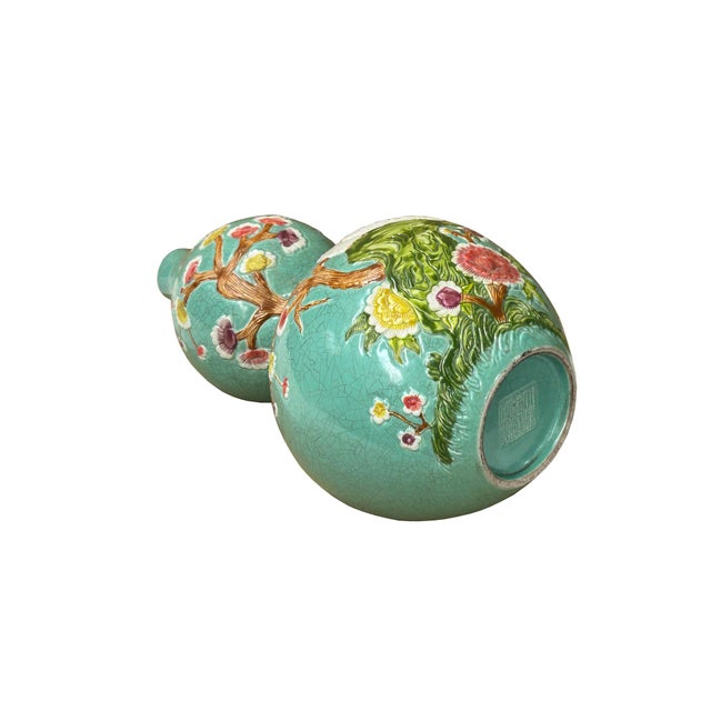 1980s Chinese Celadon Green Crackle Ceramic Scenery Graphic Gourd Shape Vase For Sale - Image 5 of 9