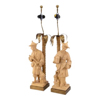 Hollywood Regency Chapman Terracotta Chinoiserie Palm Frond Table Lamps - Pair For Sale