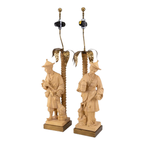 Hollywood Regency Chapman Terracotta Chinoiserie Palm Frond Table Lamps - Pair