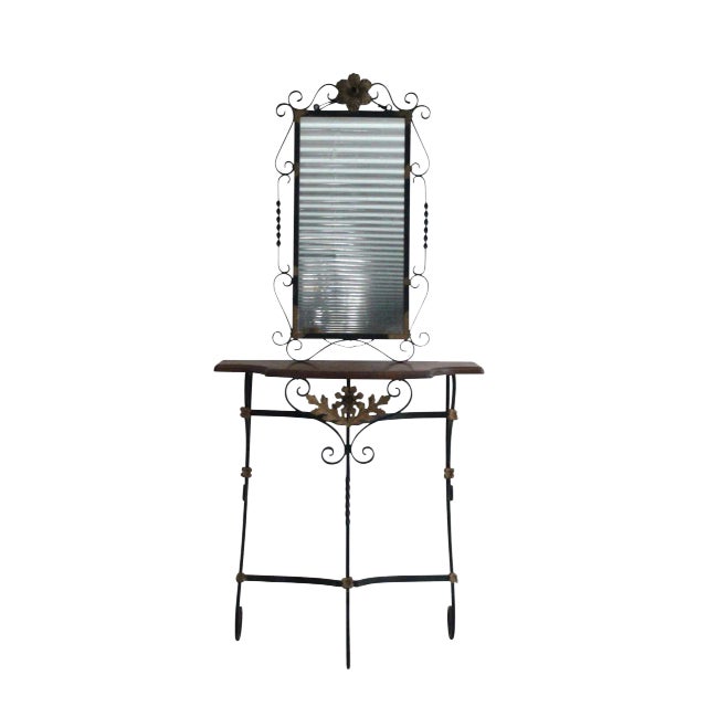 Gilded Iron & Walnut Console With Mirror For Sale