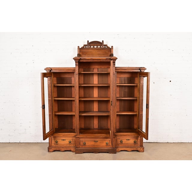 Herter Brothers Herter Brothers Style Antique Eastlake Victorian Carved Oak Triple Bookcase Cabinet, Circa 1880s For Sale - Image 4 of 12