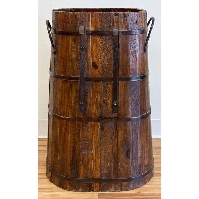 Wood Antique Large Wood Bucket Umbrella Stand With Metal Fittings For Sale - Image 7 of 10