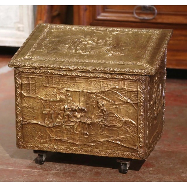 Early 20th Century Early 20th Century French Repoussé Brass Fireplace Wood Box on Casters For Sale - Image 5 of 9