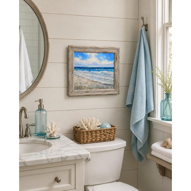 Original oil on canvas by Ericson. Painted in a soft, impressionistic style, the artwork captures a peaceful beach scene...