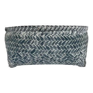 Vintage French Woven Split Reed Storage Basket With White Wash Over French Blue. For Sale