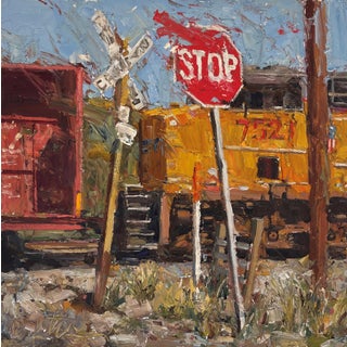 Stop by Clyde Steadman | Oil Painting of a stop sign near a train and railroad tracks For Sale