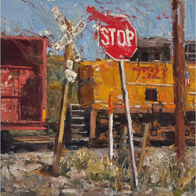 Stop by Clyde Steadman | Oil Painting of a stop sign near a train and railroad tracks For Sale