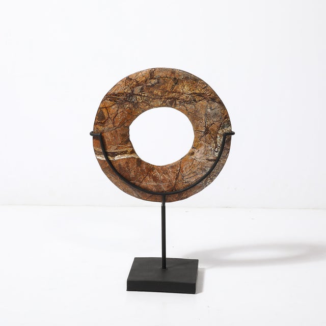 Neolithic Chinese Red Soapstone Bi Disc Carving on Iron Base For Sale In New York - Image 6 of 7