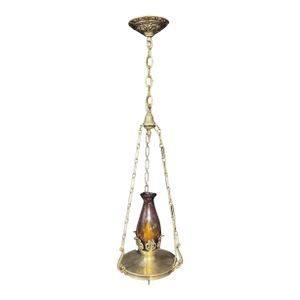 1990s Solid Brass Pendant Light With Amber Glass Chimney