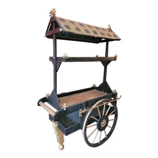 Vintage Folk Art Black and Gold Wood Display Cart For Sale