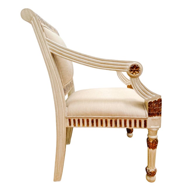 Early 20th Century Vintage Italian Neoclassical Gilt & Painted Armchair Fauteuils With Rosette Carvings - A Pair For Sale - Image 12 of 18