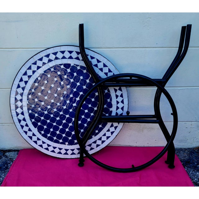 2020s 24" Handcrafted Moroccan Mosaic Zellige Dining Table / Blue and White Cr4 For Sale - Image 5 of 6