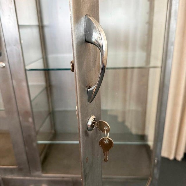 1940s Industrial Brushed Steel Double Wide Medical Apothecary Display Cabinet For Sale - Image 10 of 11
