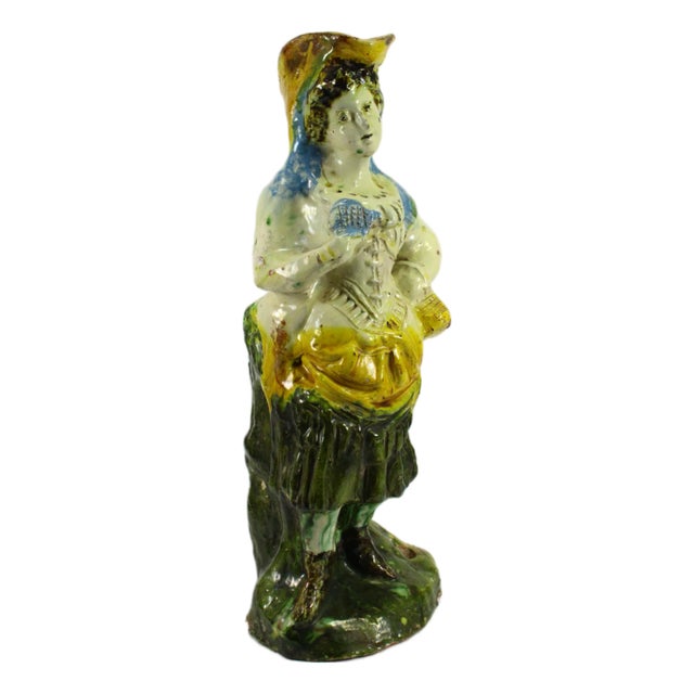 Early 18th C. Majolica Glazed Redware Terracotta Pastoral Figure Peasant Girl 13" For Sale
