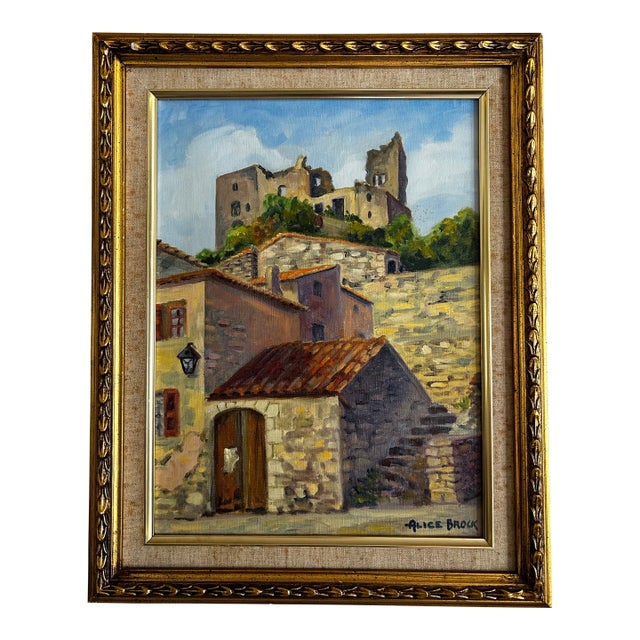 Vintage Oil Painting on Canvas of the Chateau of the Marques De Sade For Sale