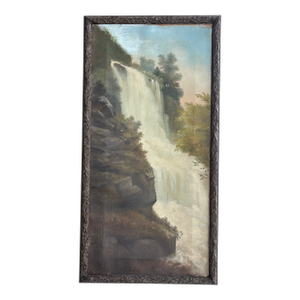 Antique Hudson Valley Oil Painting of an Upstate Waterfall, Framed
