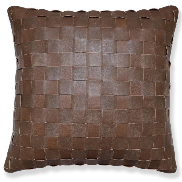 Luxury Handwoven Brown Genuine Leather Basket Weave Pillow 18x18 | Handmade Woven Leather Cushion For Sale - Image 4 of 7