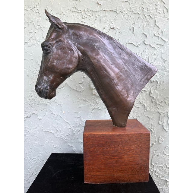 1970s 1970s Mid-Century Modern Cast Metal Horse Head Sculpture on Walnut Base, Bronze Finish For Sale - Image 5 of 12