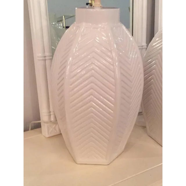 White Vintage Oversized White Ceramic Chevron Table Lamps - a Pair For Sale - Image 8 of 10