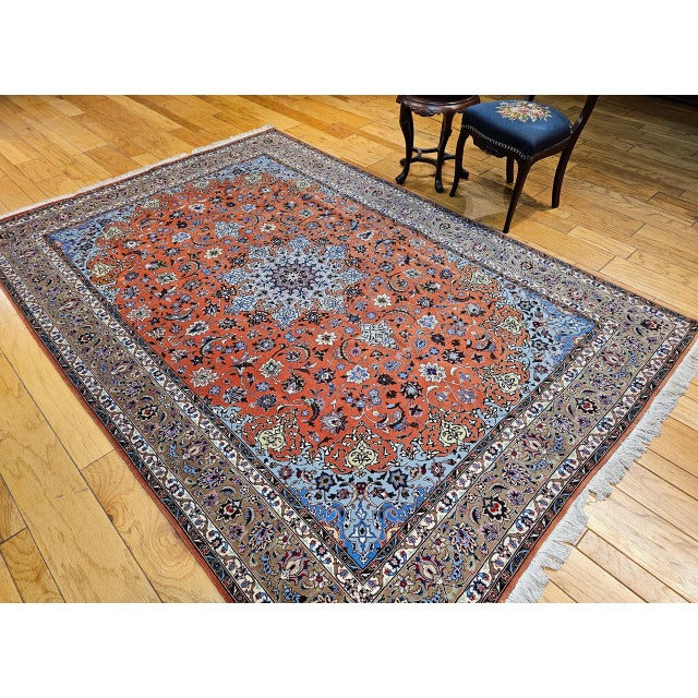 Persian Tabriz Rug, Hand-Knotted Wool & Silk, Fine Floral Pattern, Terracotta & Blue, 7x10 For Sale - Image 13 of 14