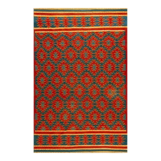 1930s Red Blue Diamond Tribal Antique Indian Cotton Dhurrie Carpet 6' X 9'7" Flatweave Cotton Rug For Sale