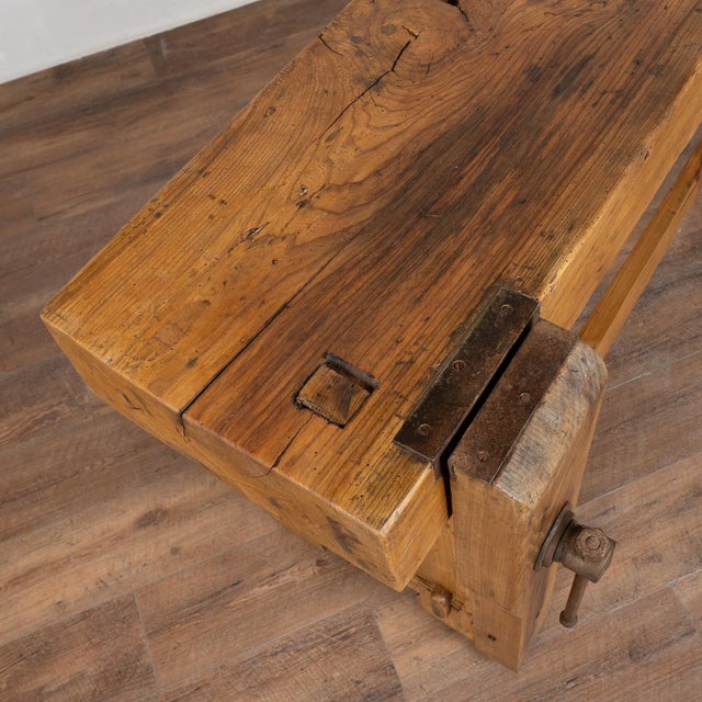 Late 19th Century Antique Rustic French Carpenter's Workbench Console Table For Sale - Image 5 of 15