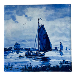 Mid 20th Century Blue & White Sailing Ship Decorative Ceramic Trivet