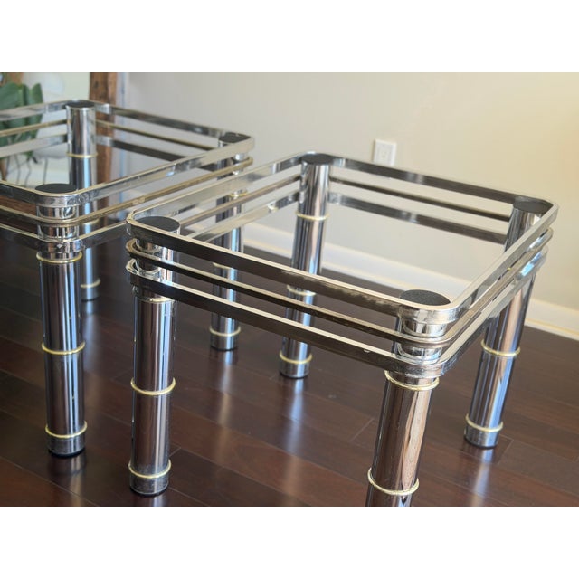 1960s-1970s Romeo Rega Pair of Vintage MCM Chrome & Brass Glass Side Tables For Sale - Image 10 of 12